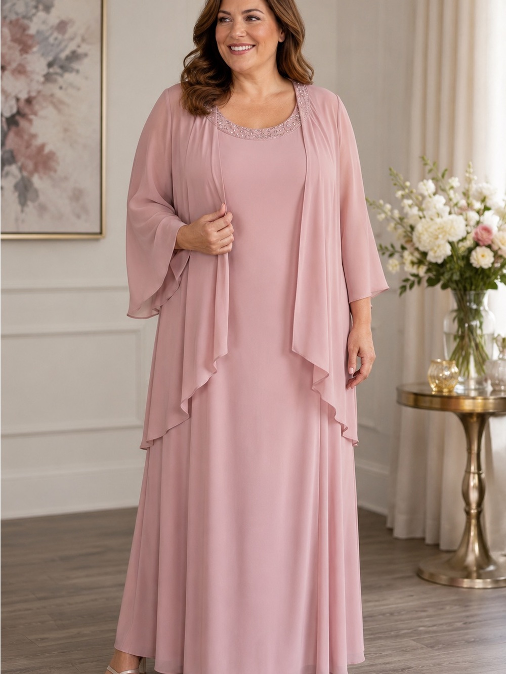 SLNY SL Fashions 22W Blush Pink Evening Dress Jacket Beaded Plus Size